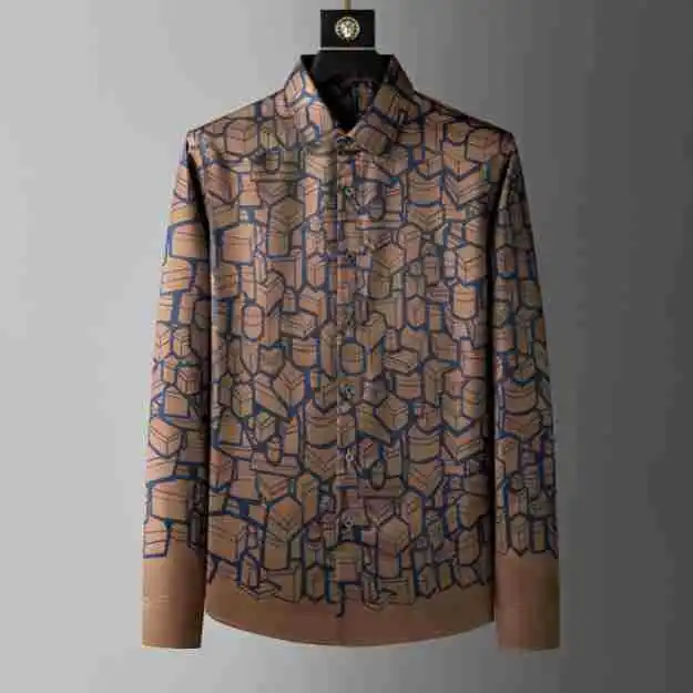 2024 New fashion casual silk irregular printed men's long sleeved shirt