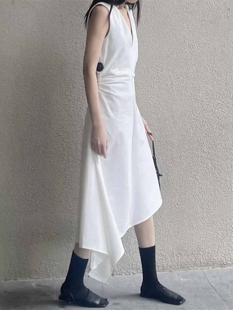 Vestido midi plissado slim fit feminino, cintura assimétrica sem mangas, túnica comprida com decote em v para senhoras, verão, novo, 2024