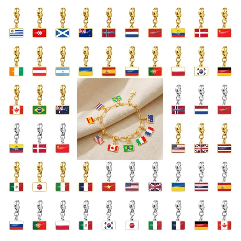 10*6.6mm Country Flag Charms Bracelet Stainless Steel Fashion Mother Day Gift Jewelry Recording Your Travel Memories Wholesale