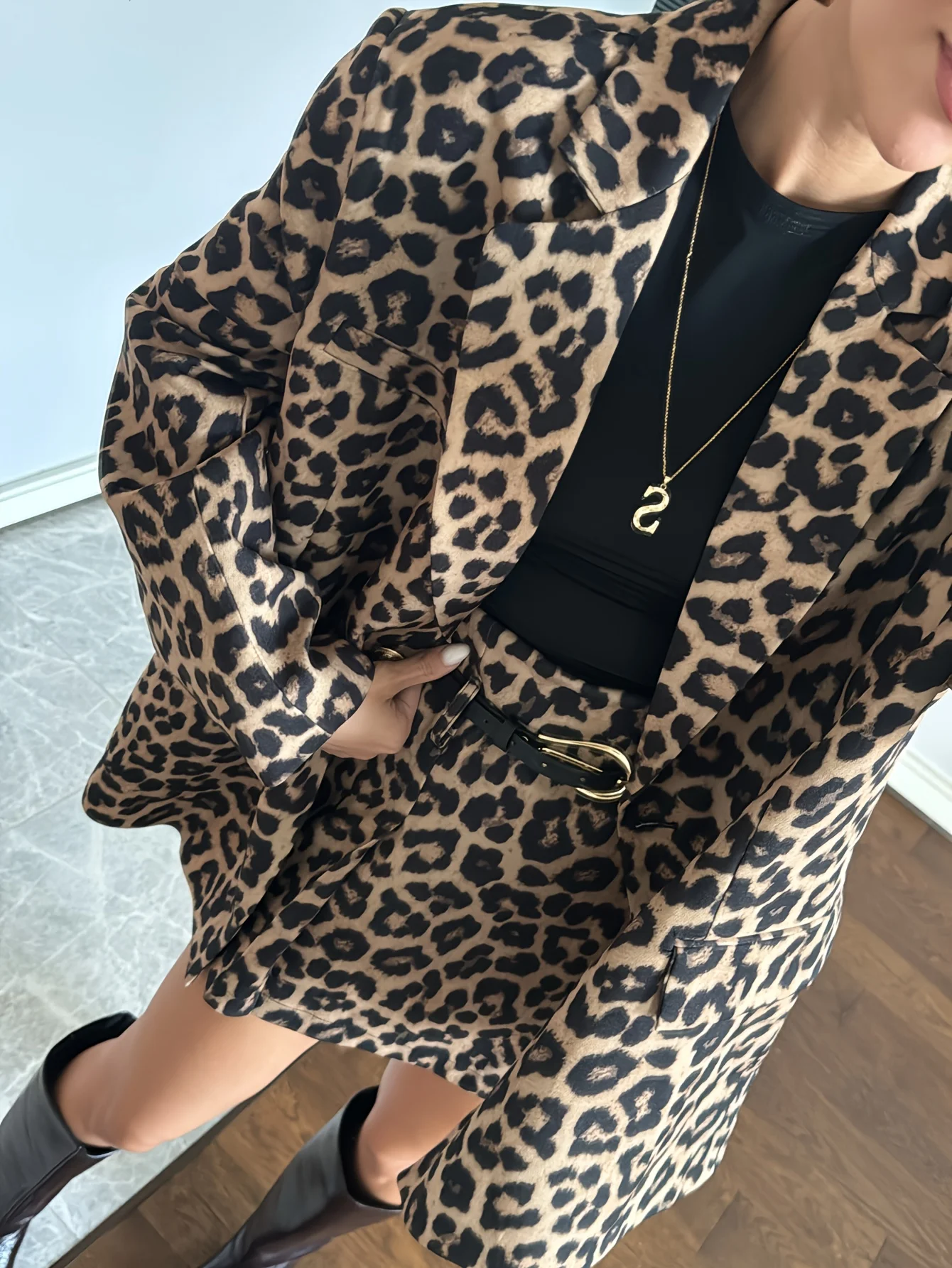 

Women's Leopard Print Loose Blazer & Skirt Set, Retro Sweet & Cool Style Flattering Streetwear Two-Piece Outfit