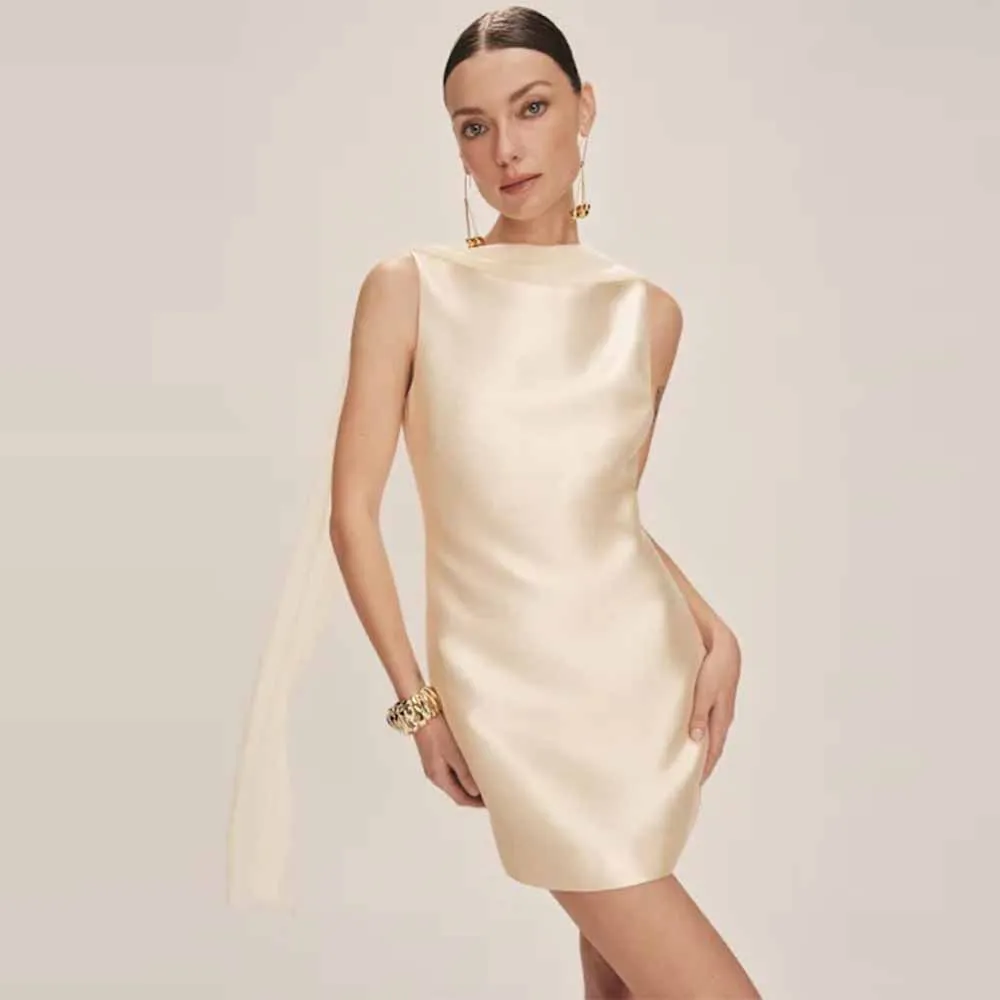 

Женские свадебные платья мини 2025 из атласа, силуэт фасонов: облегающее/прямое, для свадебных торжеств, цвета шампань, с круглым вырезом, с шалью, без спинки