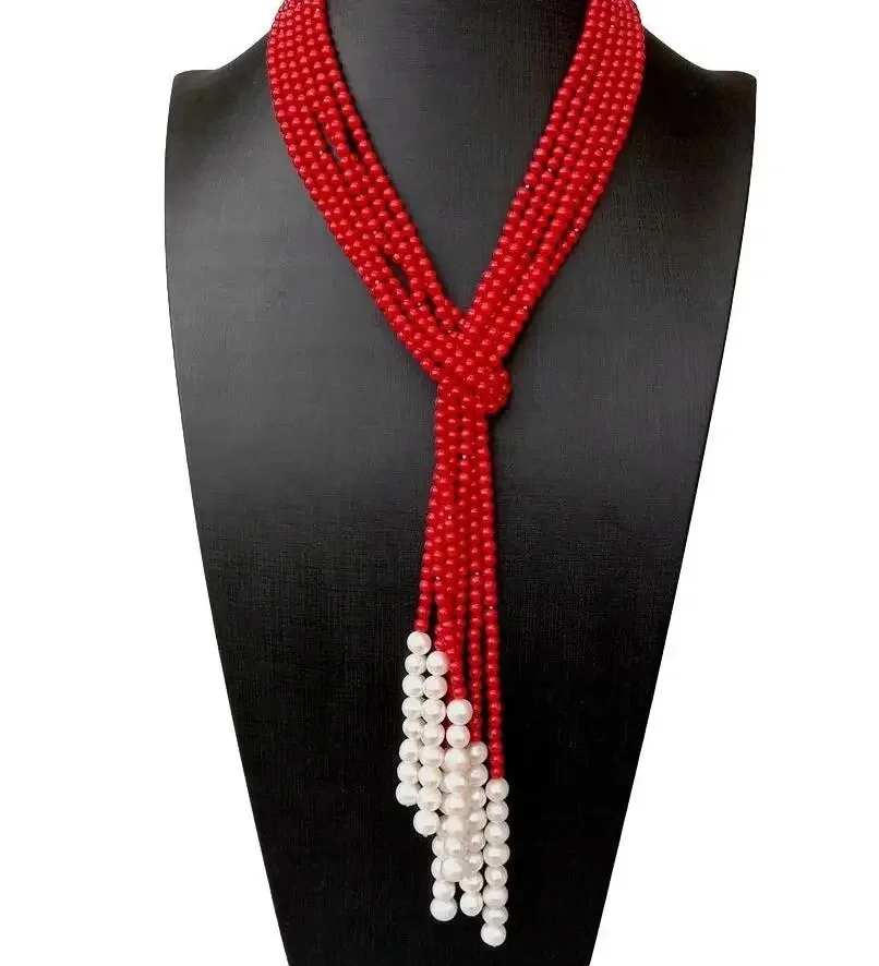 3 Rows 4mm Red Coral Cultured White Pearl Lariat Long sweater chain Necklace 50