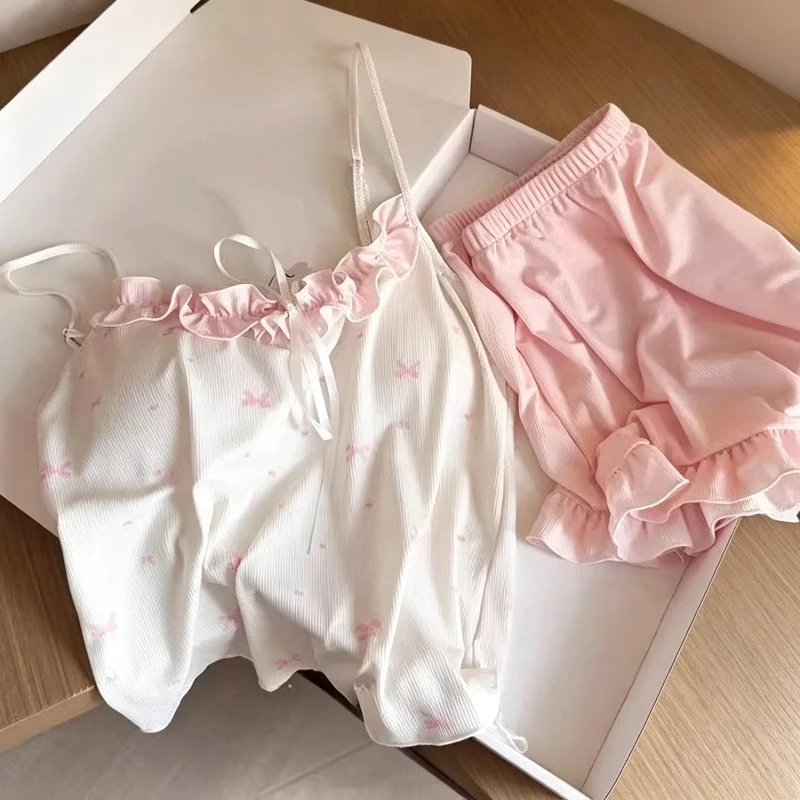 Pajama Set Cute Sweet Women Summer New Camisole Women's Pajama Set Ruffle with Chest Pad Ladies Casual Sleepwear Loungewear - view 3