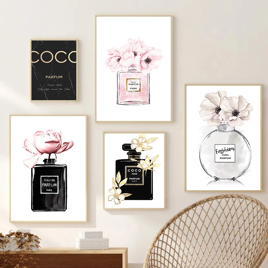 Fashion Luxury Coco Perfume Bottle Canvas Painting Nordic Flower Poster Print Wall Picture Modern Girl Room Decor Quadro Cuadros