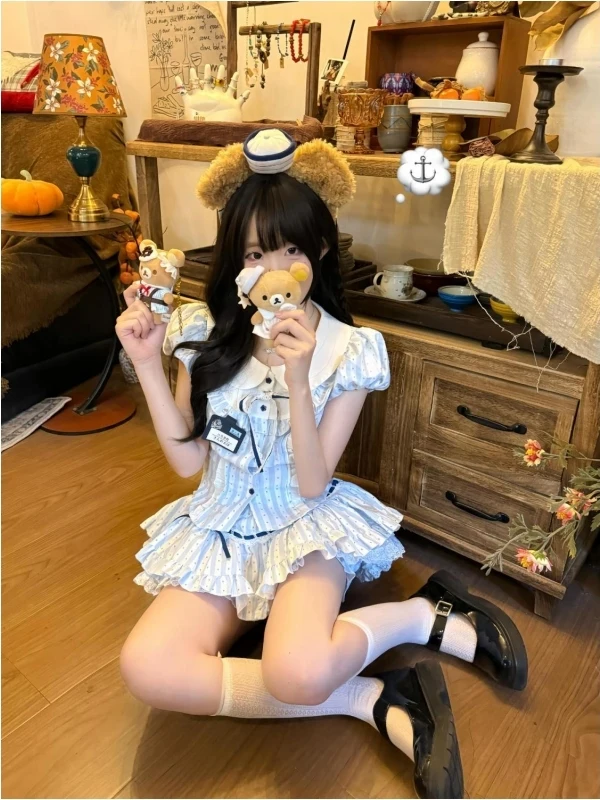 الحلو المدرسة Sle الأزرق البولكا نقطة لطيف اللون بلو فقاعة Sve أعلى و منتفخ كعكة تنورة قطعتين مجموعة المرأة Faion #3