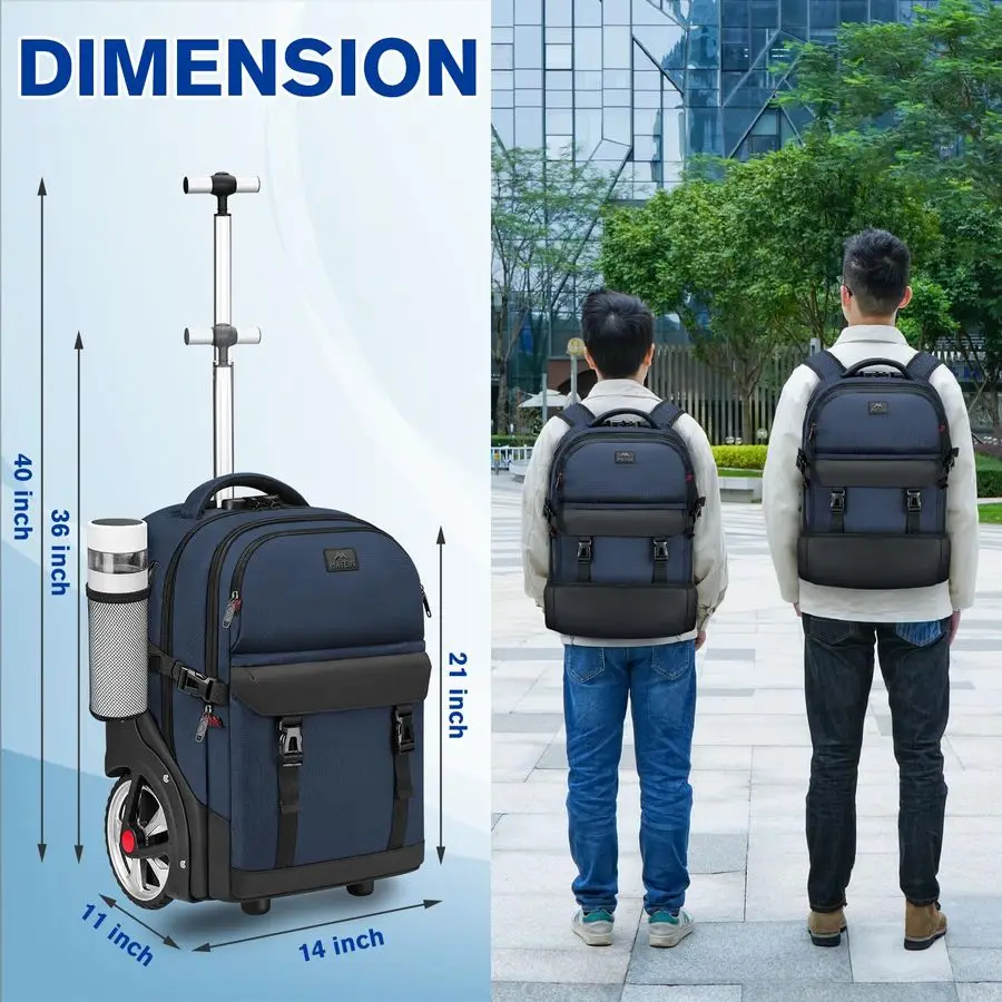 Mochila de rolamento com rodas, mochila de rolo grande de 17 polegadas com trava de combinação, resistente à água anti-roubo para viagem