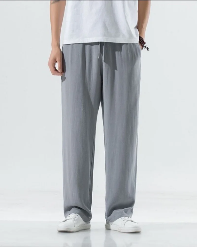 Men's Cotton Linen Solid Color Casual Pants with Elastic Waist Street Wear Jogging Loose Sports Pants