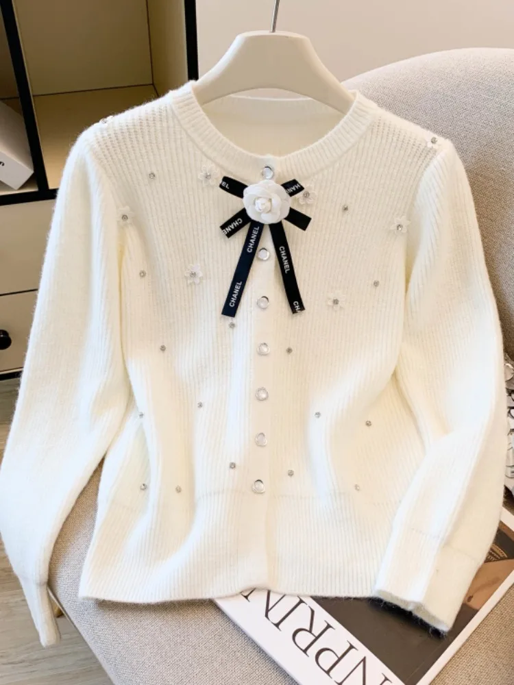 الأحمر محبوك سترة معطف المرأة الخريف الشتاء جديد Sle الماس جزءا لا يتجزأ من ثلاثية الأبعاد زهرة الذاتي مفتاح الراقية سترة محبوكة مفتوحة #3