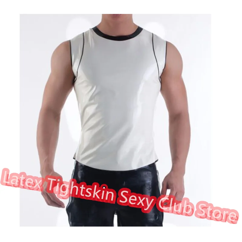 

Handmade Latex Men Sleeveless Shirt Man Sexy Tops Rubber Tank Vest with White Trim Cosplay Costume