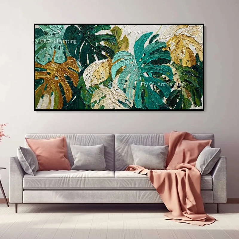 100% Hand‑Painted Impasto Tropical Plant Oil Painting, Heavy Textured Canvas Art, Vibrant Green Leaves Contemporary Wall Decor