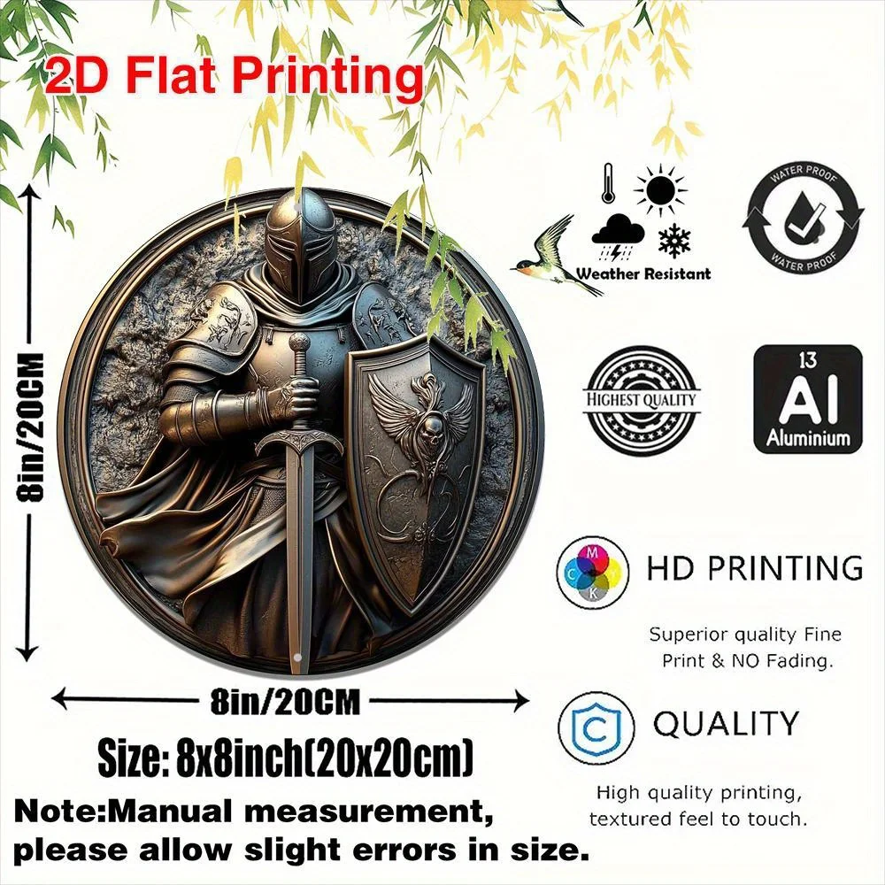 2D Flat, 2D Flat Aluminum Round Metal Signage, Knight's Sword with Shield, for Home Office Wall Decoration Garden Patio, Spring
