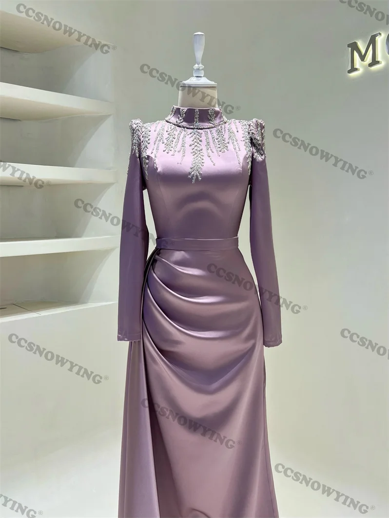 Robe de Soirée en Satin Musulman, Hijab, Manches sulf, Col Haut, Ligne A, Arabe, Dubaï, 123