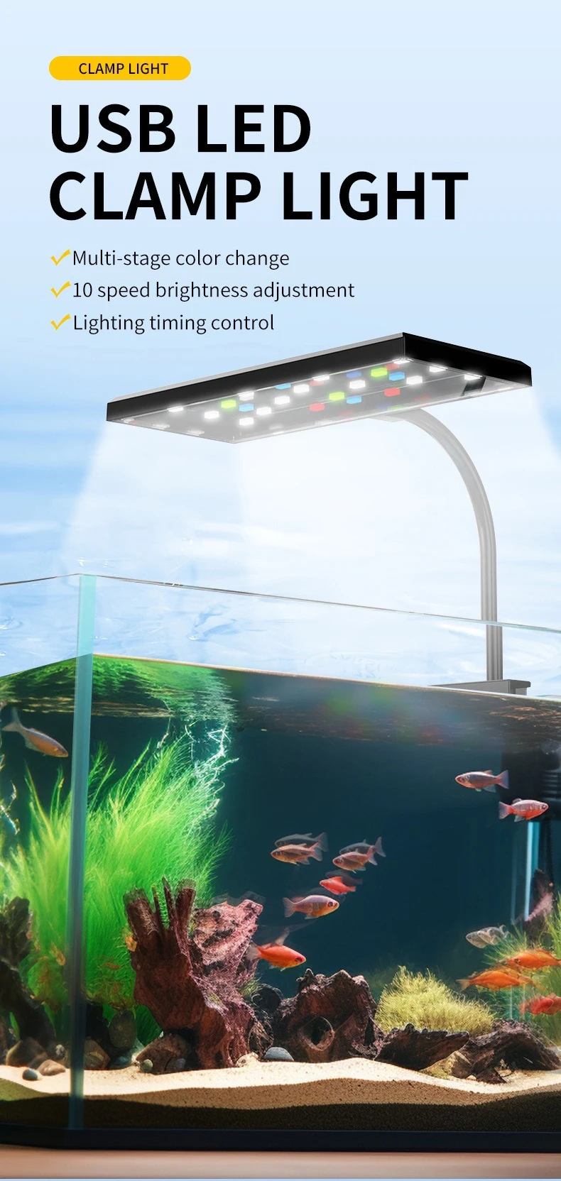 USB Aquarium LED-Licht Vollspektrum Aquatische Pflanzenwachstumslampe Fischbecken Einstellbare Helligkeit Dimmbar Zeitgesteuert 360° ° Drehbare Leuchte – Detail 1