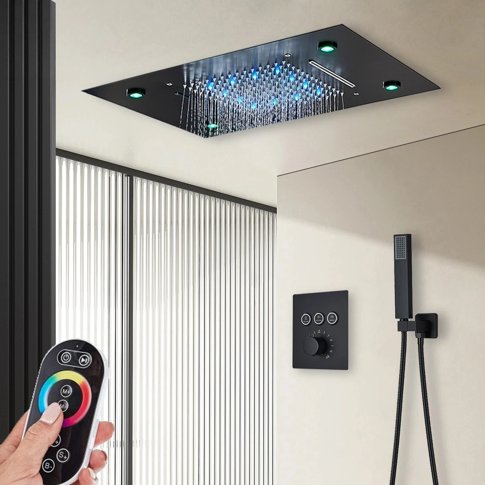 

Черный термостатический смеситель для душа в ванной комнате, дистанционный светодиодный смеситель с дождевой головкой, кран, 3-ходовой скрытый встроенный смеситель для горячей и холодной воды