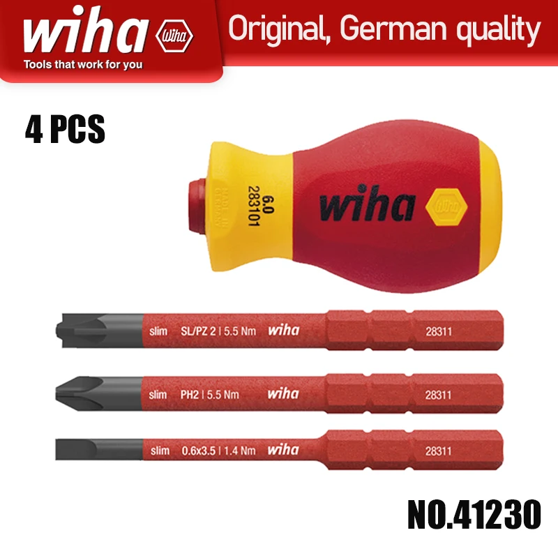WIHA 4pcs 1000V Insulated Screwdriver Set Short Shank for Slotted Phillips Podzriv Screws Electrician Tool 41230
