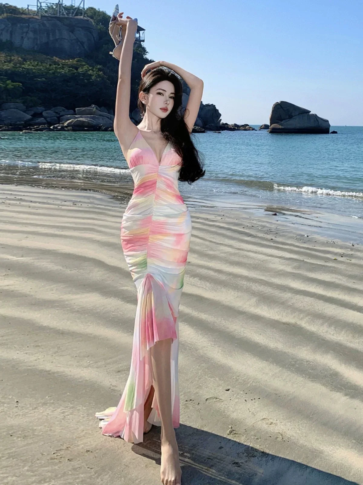 

Luxury Elegant Ball Dress Women Delicate French Rainbow Flowers Ruffles Fishtail Robe Birthday Party Banquet Vestido Beach Mujer