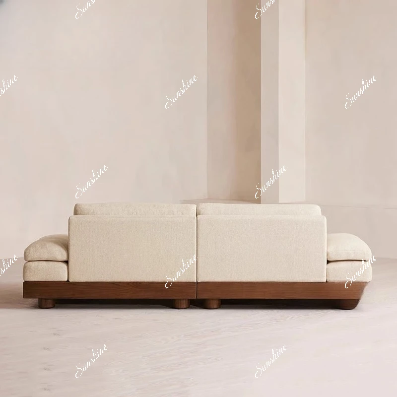 Medieval solid wood living room fabric three-person straight row cotton and linen sofa