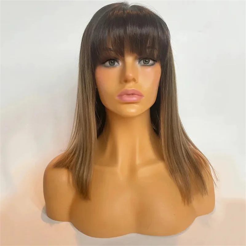 Synthetic Wig Medium Straight Hair Ombre Dark Brown with Bangs Wigs for Women Party Daily Hair Heat Resistant Natural Looking