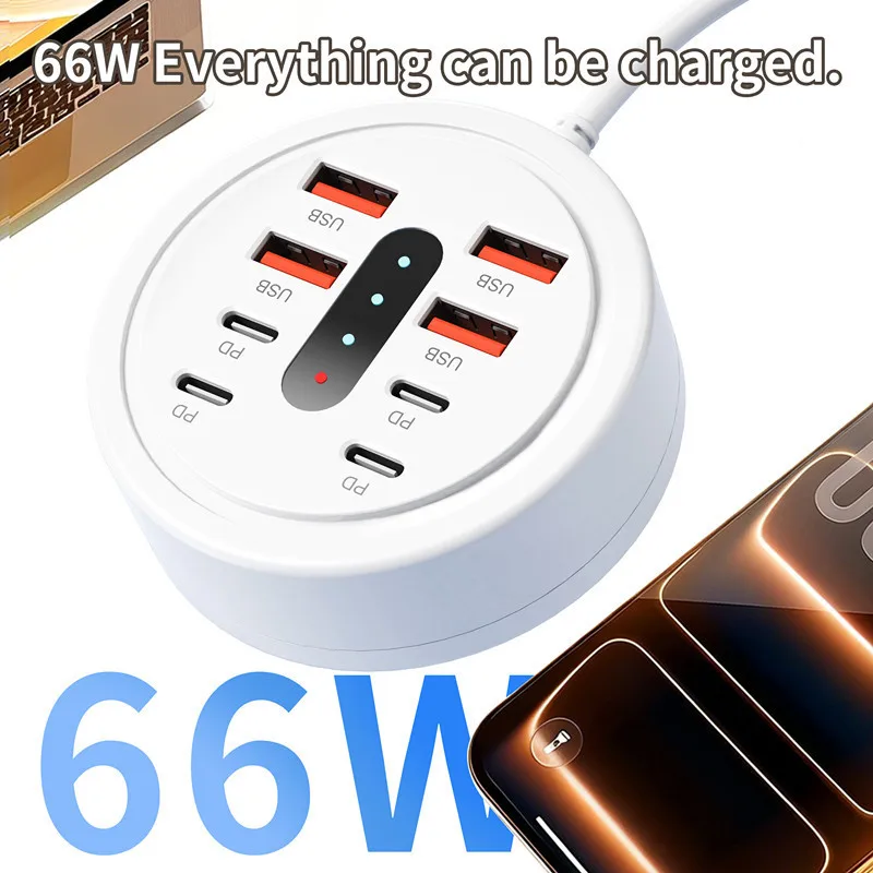 8-in-1 66W Circular USB-C Fast Charger, 4 USB + 4 Type-C PD Ports, Multi-Port Fast Charging Adapter for USB Hubs and Adapters