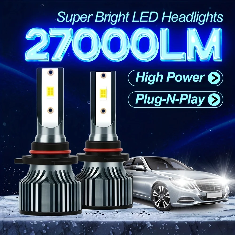 2pcs Super Bright LED 9005/HB3 9006/HB4 H13 H11 H7 H4 H1 Car Headlights High Low Beam, 6000K White 180W 27000LM 800% Brighter