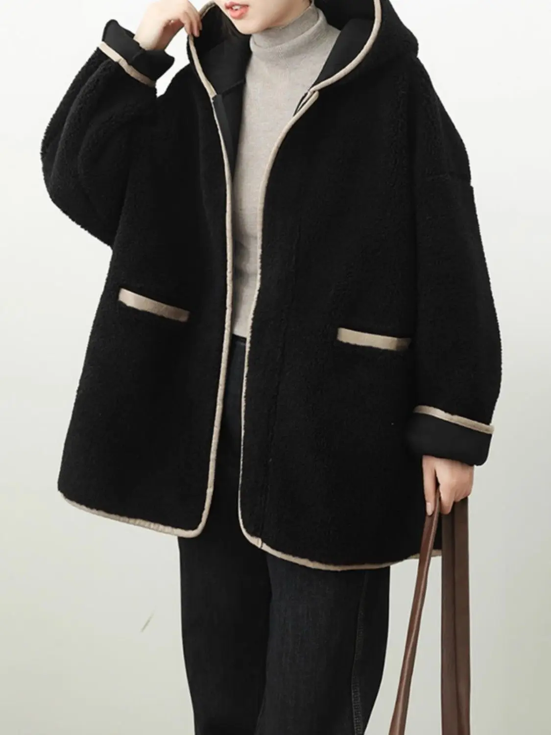 Abrigo forrado de Sherpa para mujer, chaqueta larga de gran tamaño con capucha de piel sintética, forro polar grueso y cálido con cremallera, prendas de vestir exteriores para calle, novedad de Otoño Invierno 2023