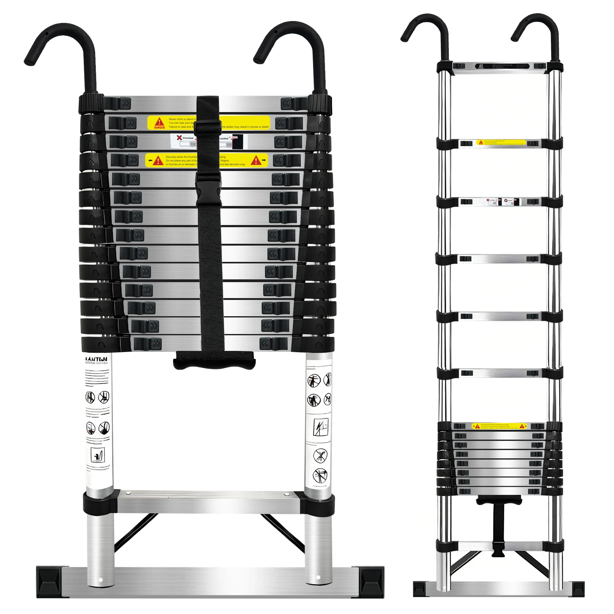 Telescopische ladder 4,4M-6,3M uitschuifbare ladder roestvrij staal draagbaar EN131-norm met afneembare haken 150kg draagvermogen - afbeelding 2