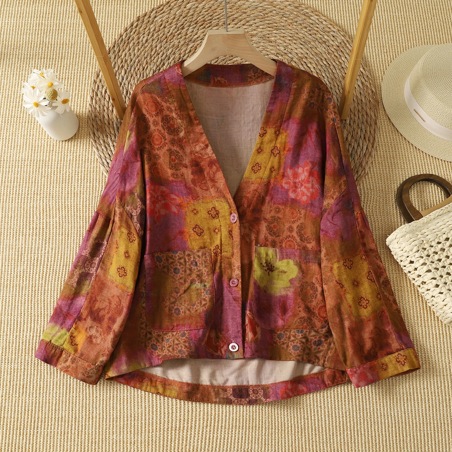V-Neck Floral Print Cotton Blend Jacket Loose Fit Thin Style Autumn Spring New Arrival Women's plus Size Outerwear with Pockets