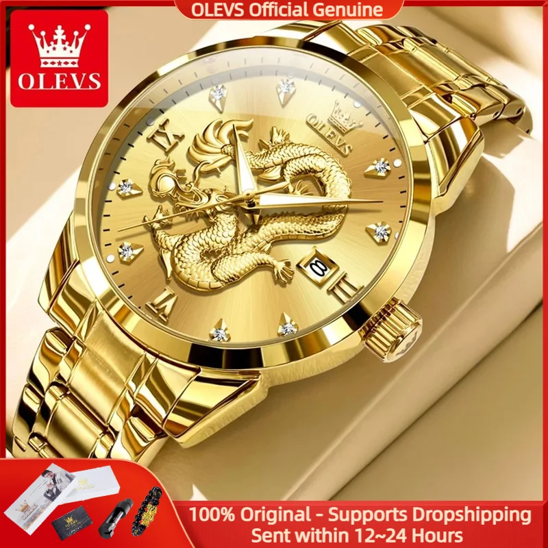 

OLEVS 3619 Мужские часы Роскошные часы с золотым драконом из нержавеющей стали с календарем и бриллиантами Брендовые мужские кварцевые часы Модные оригинальные часы