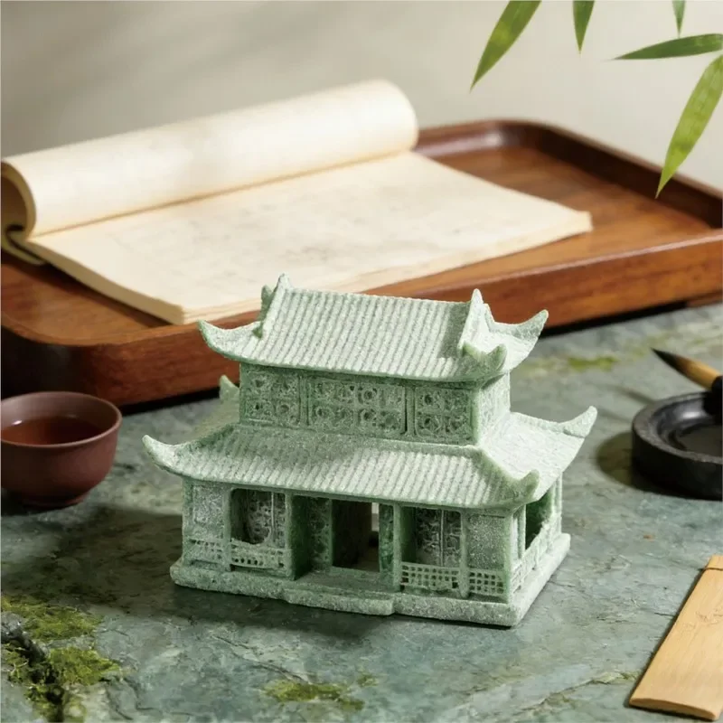 Chinese style Green Sandstone Antique Pavilion Stone Handicrafts Home Living Room Tea Table Decor Stone Crafts Landscape ZI945
