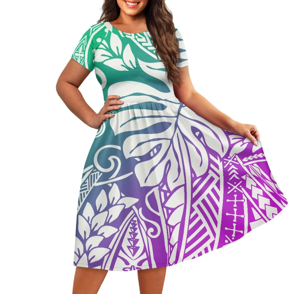 

Leaf print Polynesian women's Pacific Island Tapa retro tribal dress short sleeve Samoan fashion custom dress