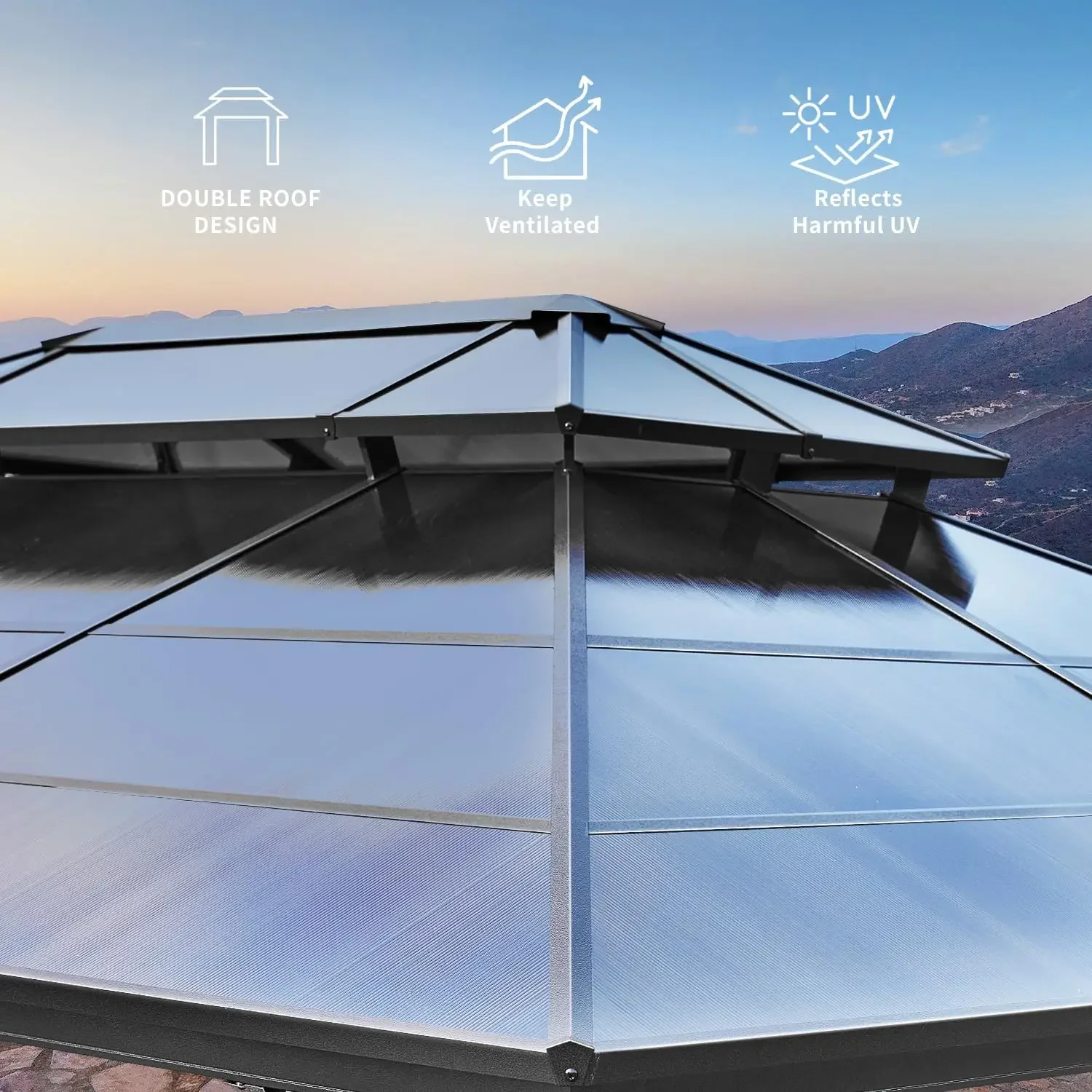 [Venda quente, compre agora! ] Gazebo de topo rígido de 10'x13', dossel de telhado duplo de policarbonato externo, pavilhão permanente de estrutura de alumínio com cur