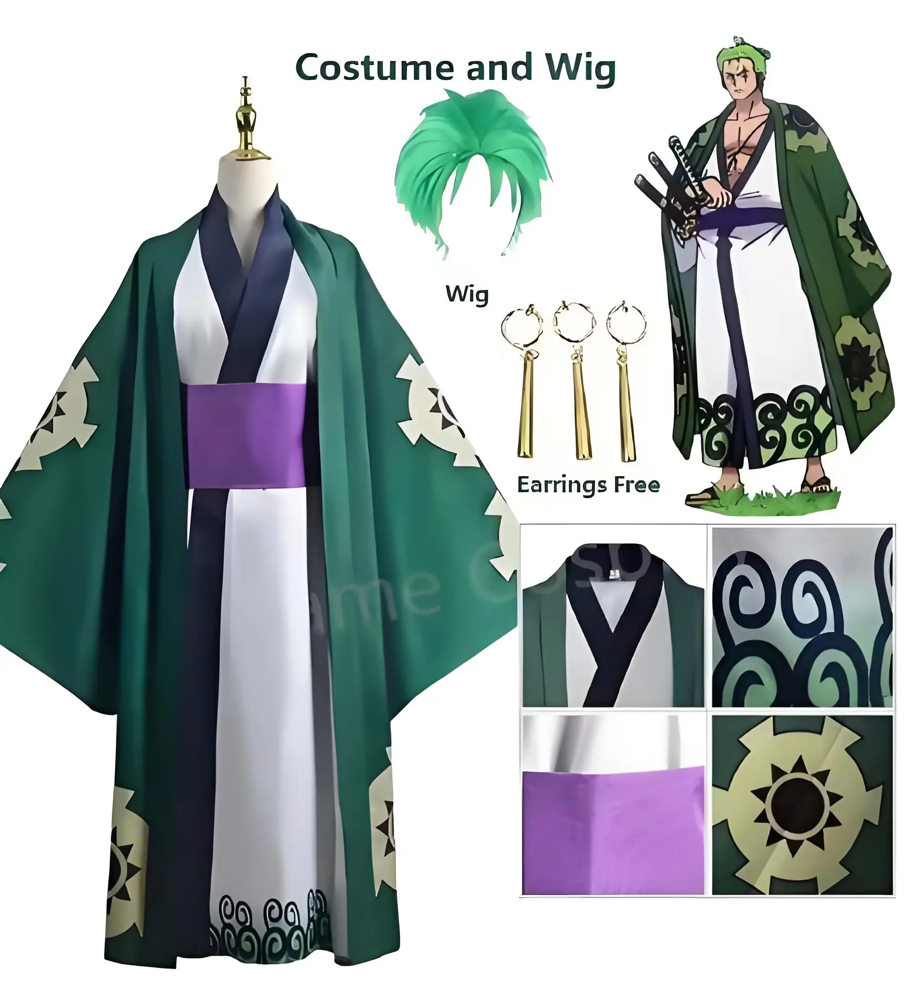 

Green Roronoa Zoro Kimono Cosplay Anime Costume Wig Lining Coat Halloween Carnival Anime Exhibition