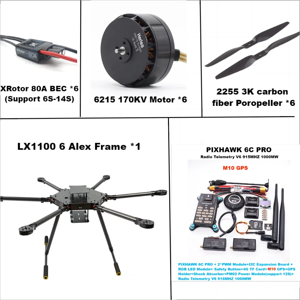 LX1100 6C PRO M10 Full Carbon Fiber 1100mm Hexa-Rotor Frame X-Roter 80A ESC PX4 Pixhawk Flight Control Set 6215 Motor