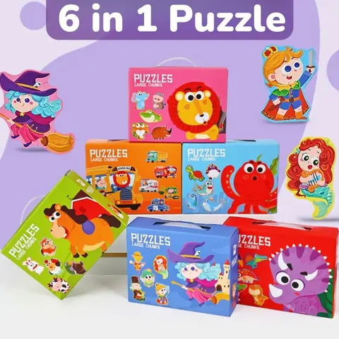 Six-In-One Large Puzzle Gift Box, Early Education Educational Toys for Children, Beginner to Advanced Difficulty Puzzles, Fun Interactive Activities with Themes Such as Fairy Tales, Animals, Oceans, Transportation, Dinosaurs, Suitable as a Gift for Boys and Girls Aged Three and Above