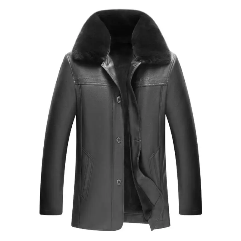 

Winter Fur Collar Leather Jacket Men's Button Pu Leather Men Large Size Loose Plus Velvet Thick Men's Leather Jacket Coats