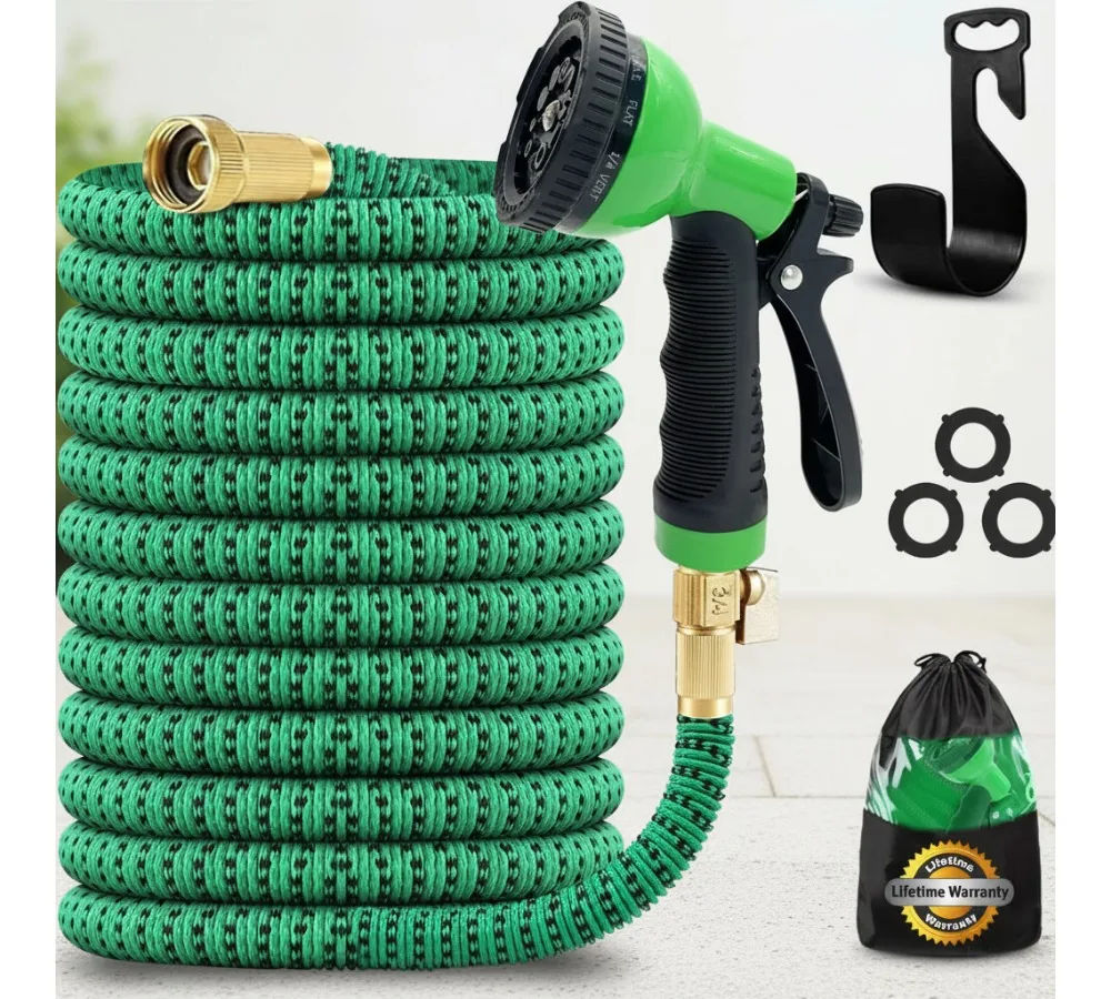 

50ft Expandable Garden Hose with 10 Spray Nozzle - Heavy Duty 3750D Strength, Leak-Free Brass Connectors for Outdoor Watering