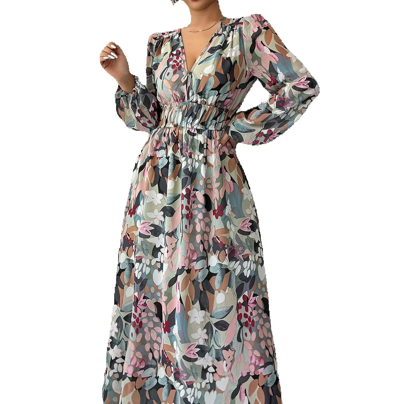 

Elegant Printed V-Neck Waist Tied Dress for Women 2025 Summer New Women's Fashion Bubble Sleeve Casual High Waist A-Line Dresses