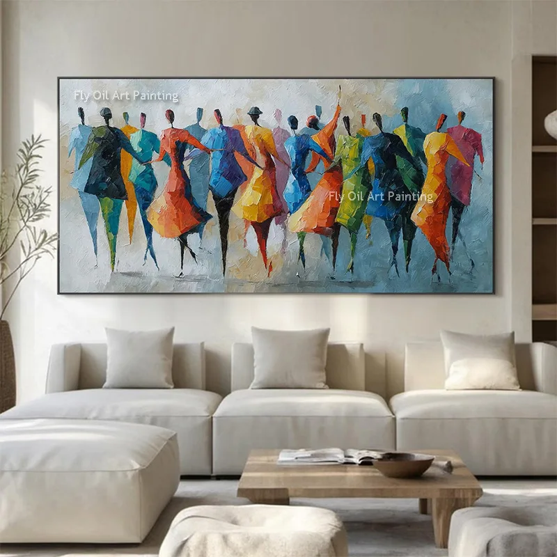 Blue And Orange Girls Dancing Wall Art Handmade Simple People Canvas Oil Painting Large Grey Blue Artwork For Home Hall Decor