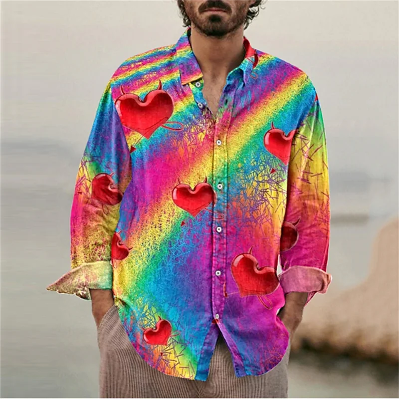 Shirt Heren Casual Outdoor Kleurrijke Liefde Graffiti Regenboog Rose Heren Shirt Knoop Lange Mouw Revers Plus Size Nieuwe Hot Sale