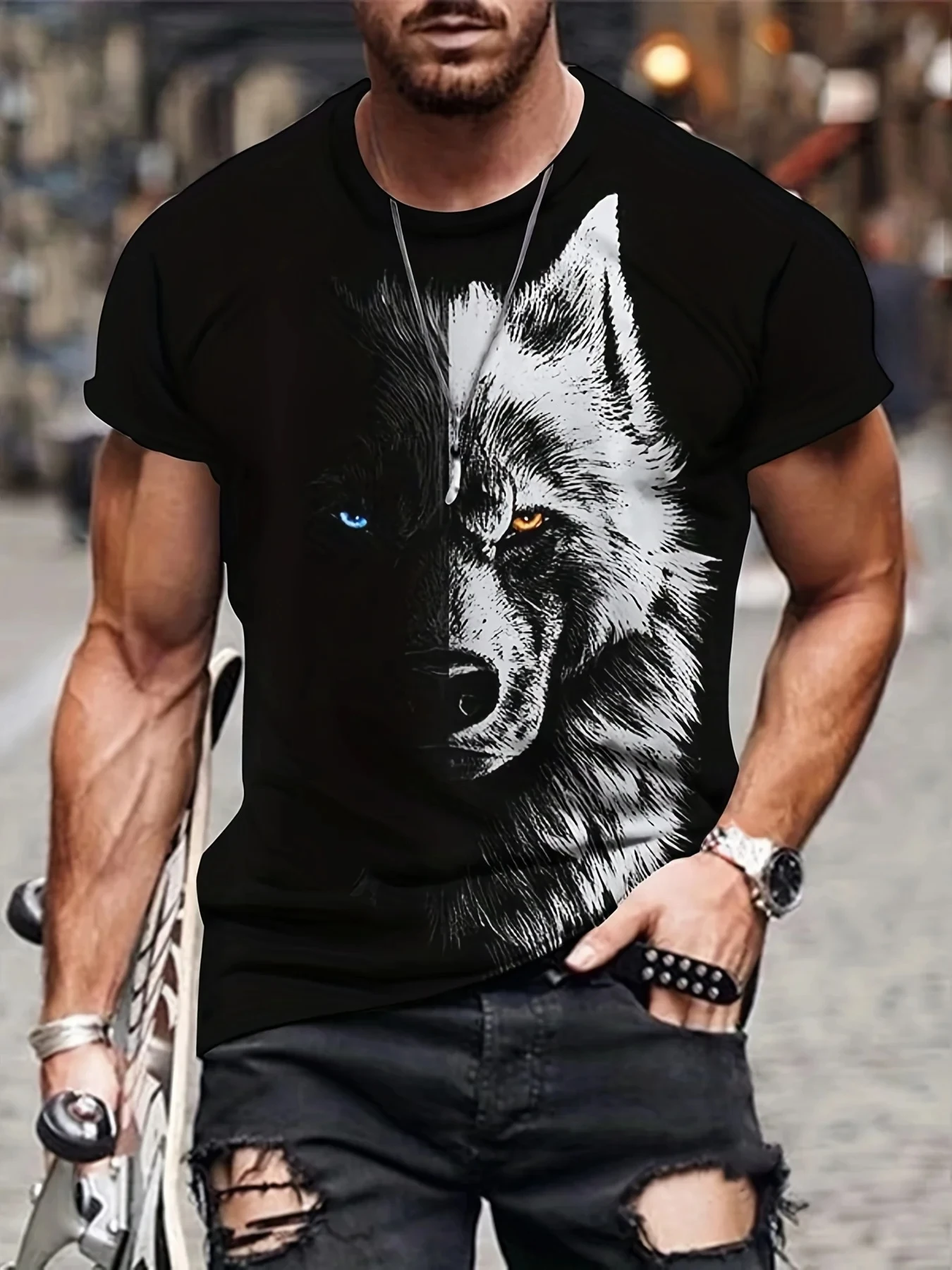 Fashion Men\'s Round Neck Short Sleeve T-shirt 3D Printed Colorful Hidden Wolf Tee Men\'s Casual Sport Short Sleeve Streetwear Top