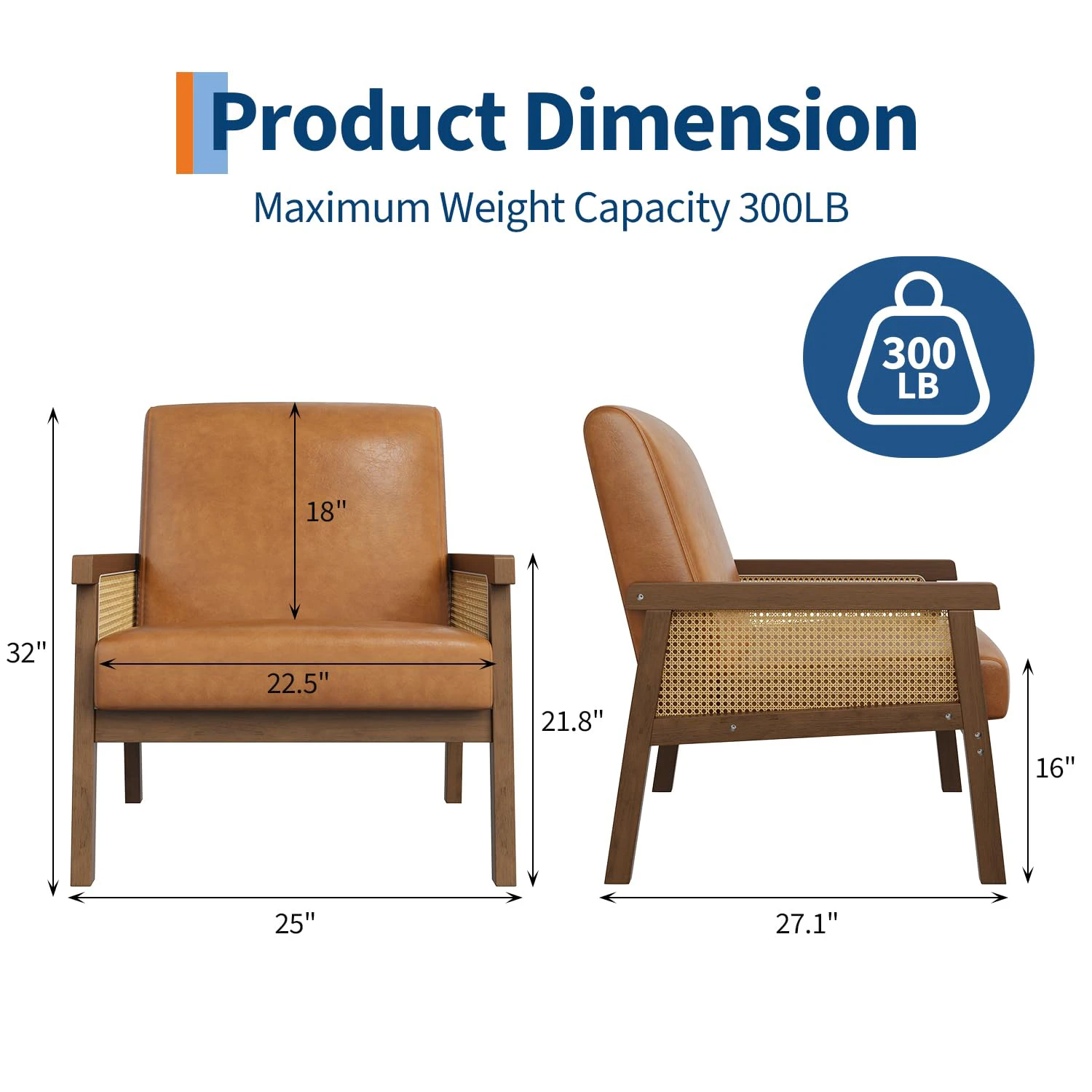 PU Leather Accent Chair With Rattan Arms, Wood Frame High Back Reading Chair, Boho Lounge Chair For Living Room Bedroom
