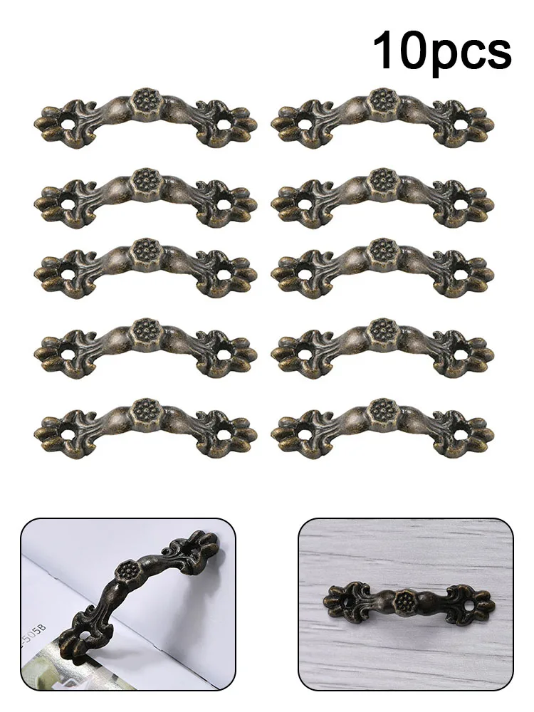 10pcs Box Handle 43*10MM Zinc Alloy Knob Tracery Bronze Tone Antique Pulls For Drawer Wooden Jewelry Box Furniture Hardware
