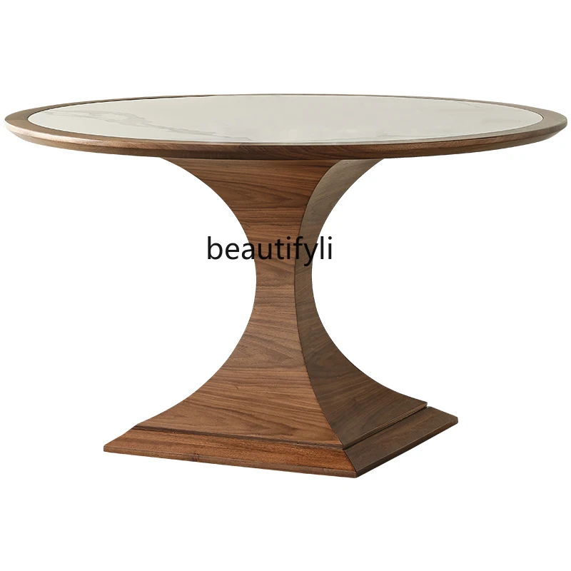 

light luxury rock slab dining table Italian minimalist negotiation table household modern simple solid wood round dining table