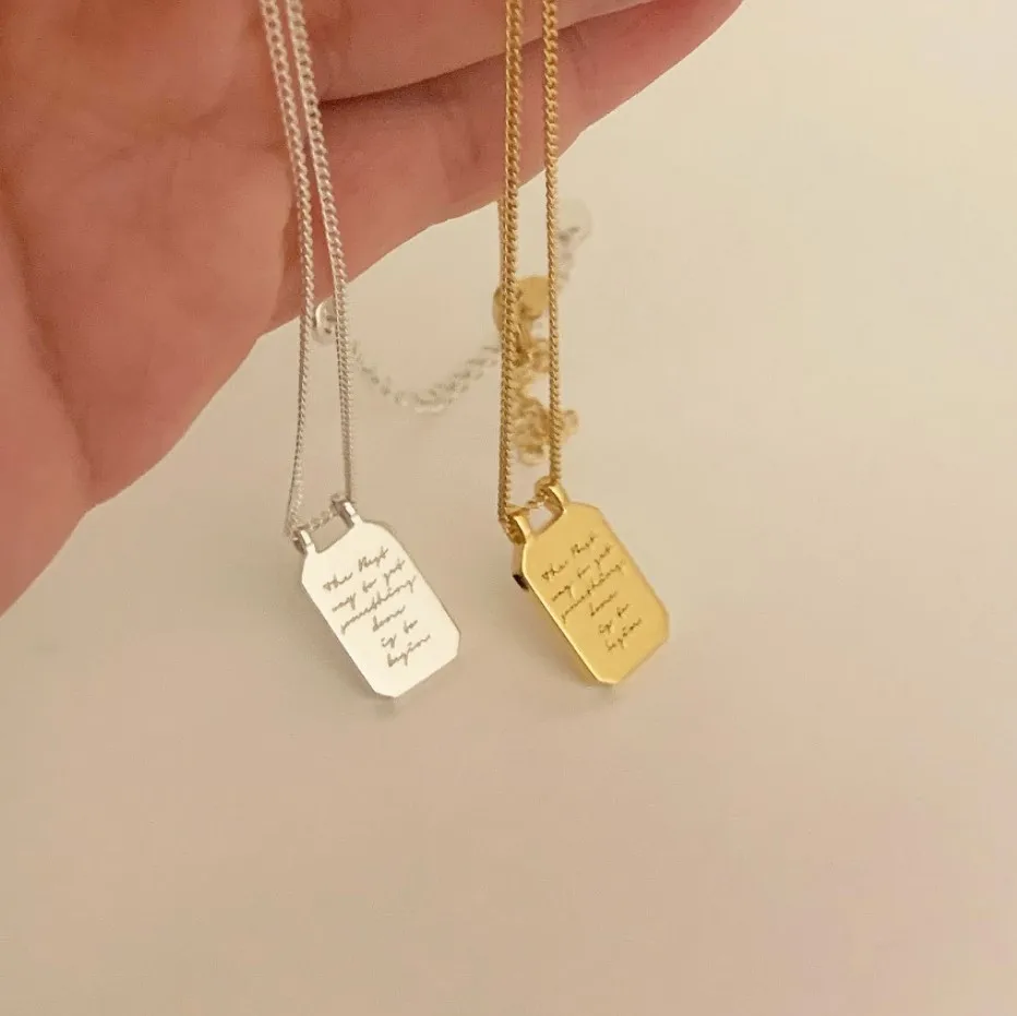 18K Gold INS Authentic 925 Sterling silver letters engraved Square Tag necklace Jewelry Friendship gift c-B1005