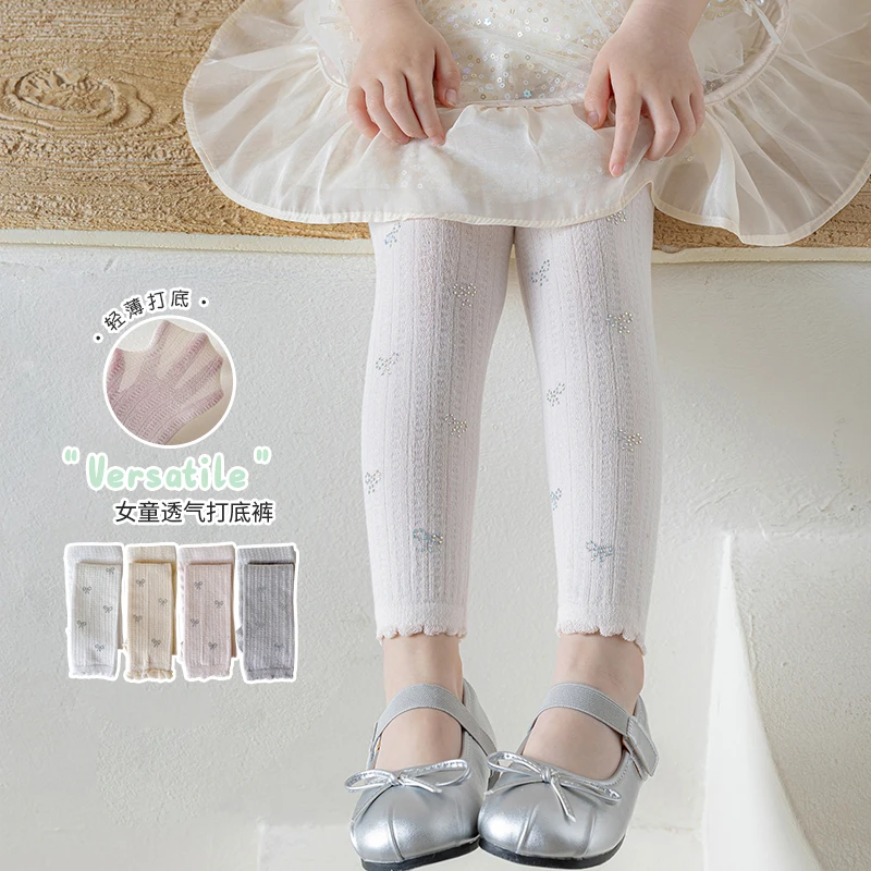 Lovely Kids Mesh Cropped Leggings premium breathable net yarn bling rhinestone bow high elastic waist slim fit nine-point pants