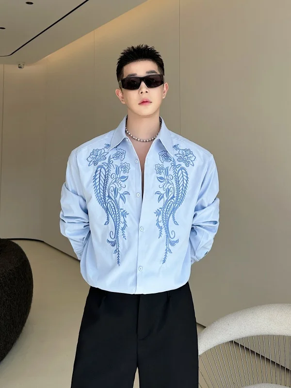 Kemeja Pria Bordir Kerah Longgar Model 2025, Serbaguna, Mewah, Stylish, Nyaman, Elegan, Lengan Panjang, Atasan Keren