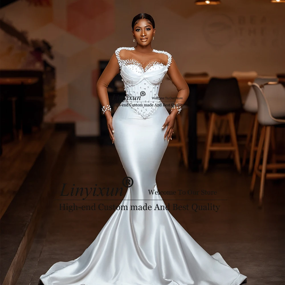 

Romantic Pearls Wedding Dresses for Women Full Sleeves Mermaid Corset Bridal Gowns Marriage Dress Customized vestidos de novia