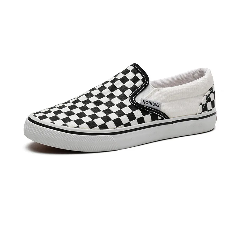 Men's and Women's Black and White Plaid Breathable Comfortable Slip-on Loafers Canvas Casual Shoes Simple and Convenient