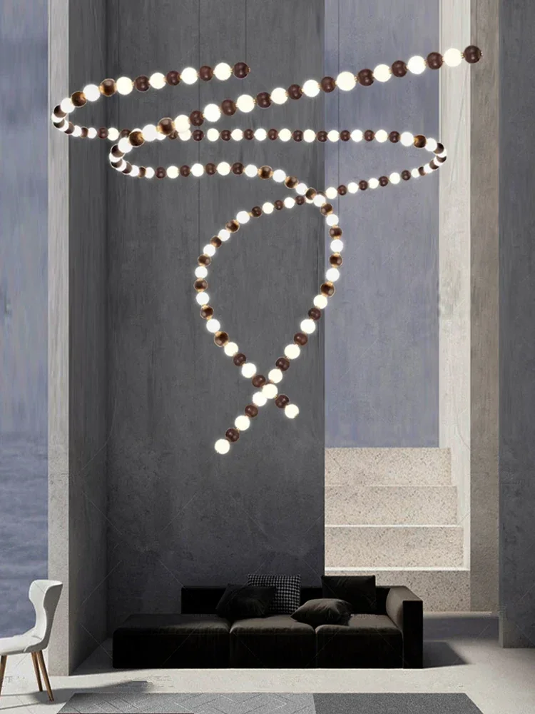 

Pearl Necklace Led Dimmable Hanging Lamp Lustre Chandelier Indoor Lighting Fixture For Living Room Long Staircase Pendant Lights