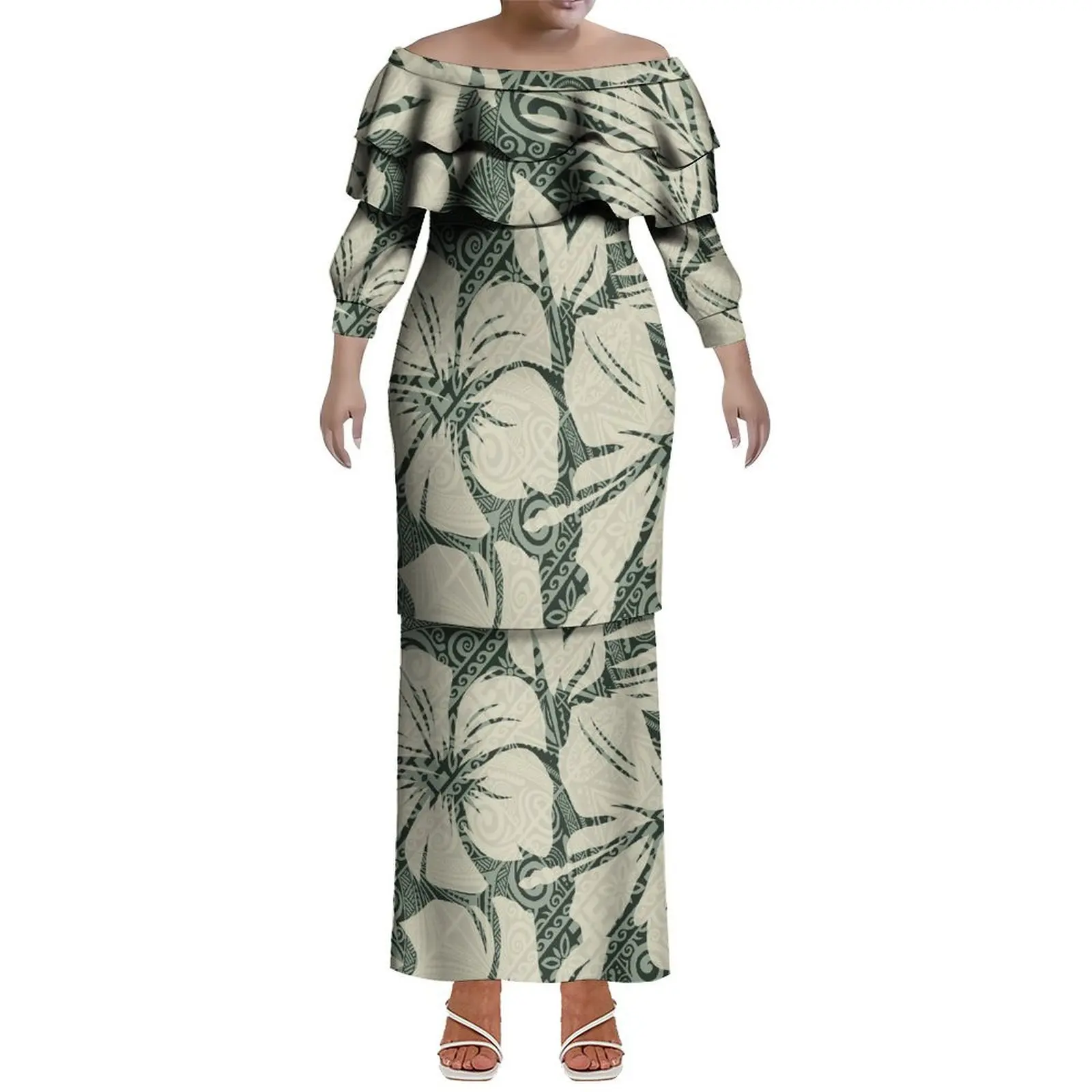 Puletasi Figure-Hugging Dress With A Lotus Leaf Collar Custom-Made Polynesian Tribal Women'S Clothing Featuring Samoan Prints